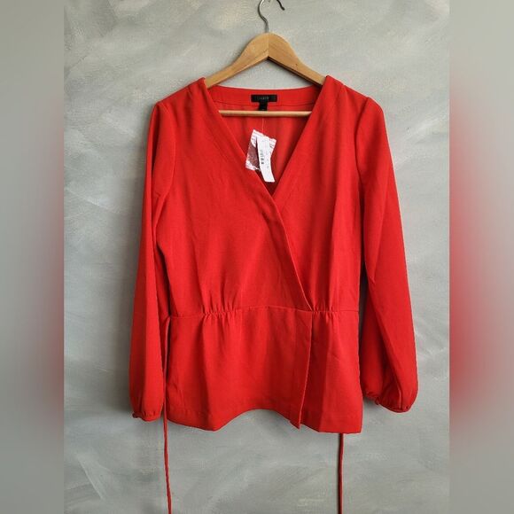 J.Crew Drapey Faux Wrap Top Red NWT Sz 10 Tall Tie Waist - Picture 3 of 14